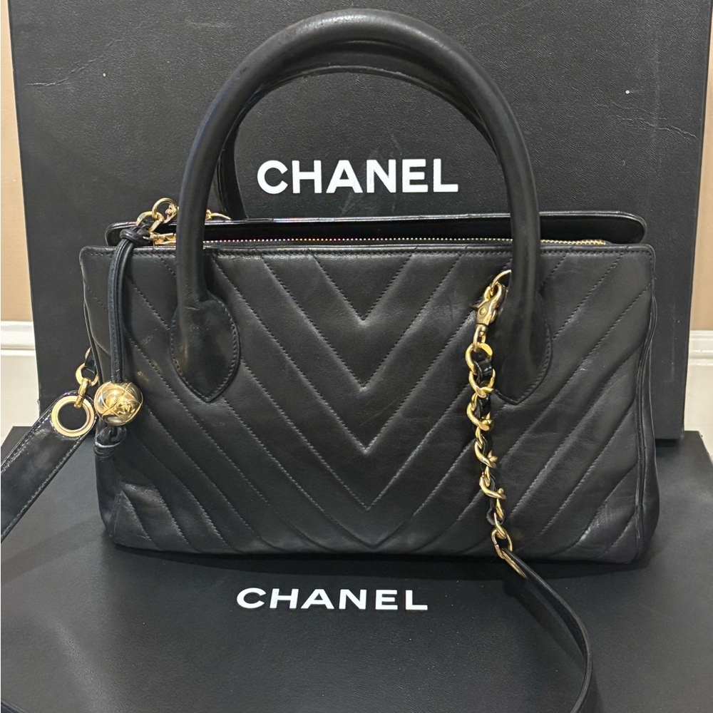 Chanel Black Quilted Chevron Leather Handbag
